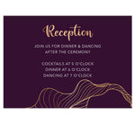 Load image into Gallery viewer, Modern Purple Wedding Reception Card; deep purple background with white and gold text and a oversized gold leaf bleeding off the bottom
