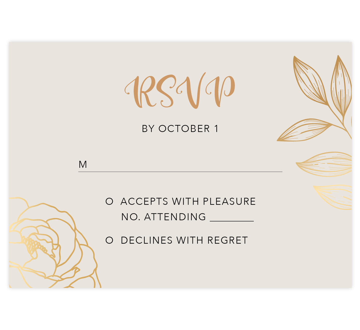 Modern Purple wedding response card; creme background with gold and black text and gold leaf and rose