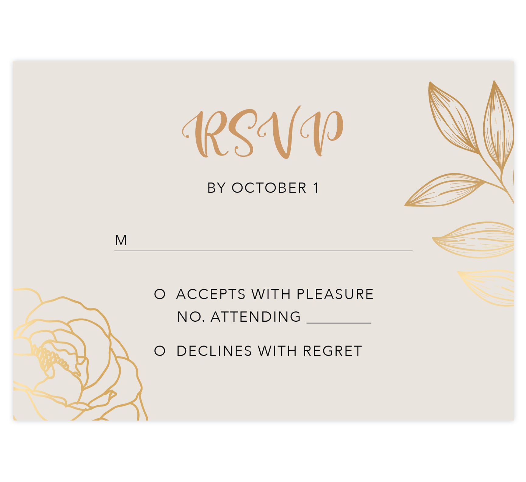Modern Purple wedding response card; creme background with gold and black text and gold leaf and rose