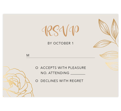 Modern Purple wedding response card; creme background with gold and black text and gold leaf and rose