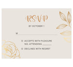 Load image into Gallery viewer, Modern Purple wedding response card; creme background with gold and black text and gold leaf and rose
