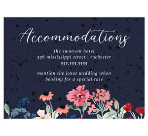 Watercolor Wildflower wedding accommodations/details card; dark navy textured background with watercolors on the bottom edge