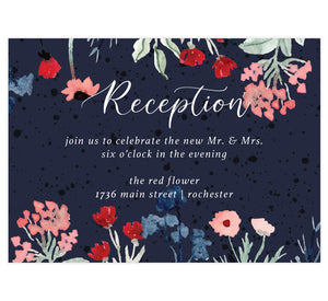 Watercolor Wildflower wedding reception card; dark navy textured background with white text and watercolor florals on the top and botttom edges
