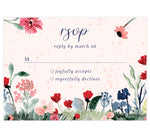 Load image into Gallery viewer, Watercolor Wildflower wedding response card; pink textured background with blue text and watercolor florals
