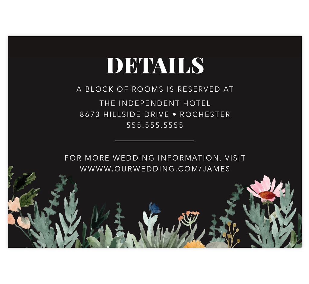 Backyard Love wedding detail/accommodation card; black background with watercolor greenery at the bottom and white text