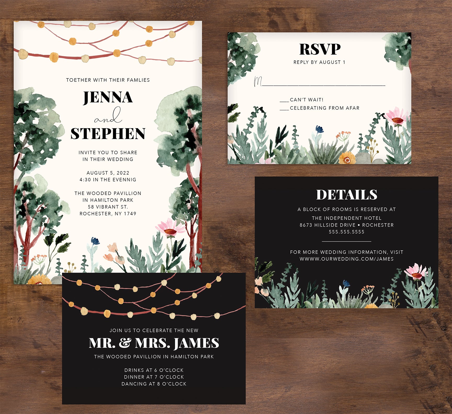 Backyard Love wedding invitation and set mockup