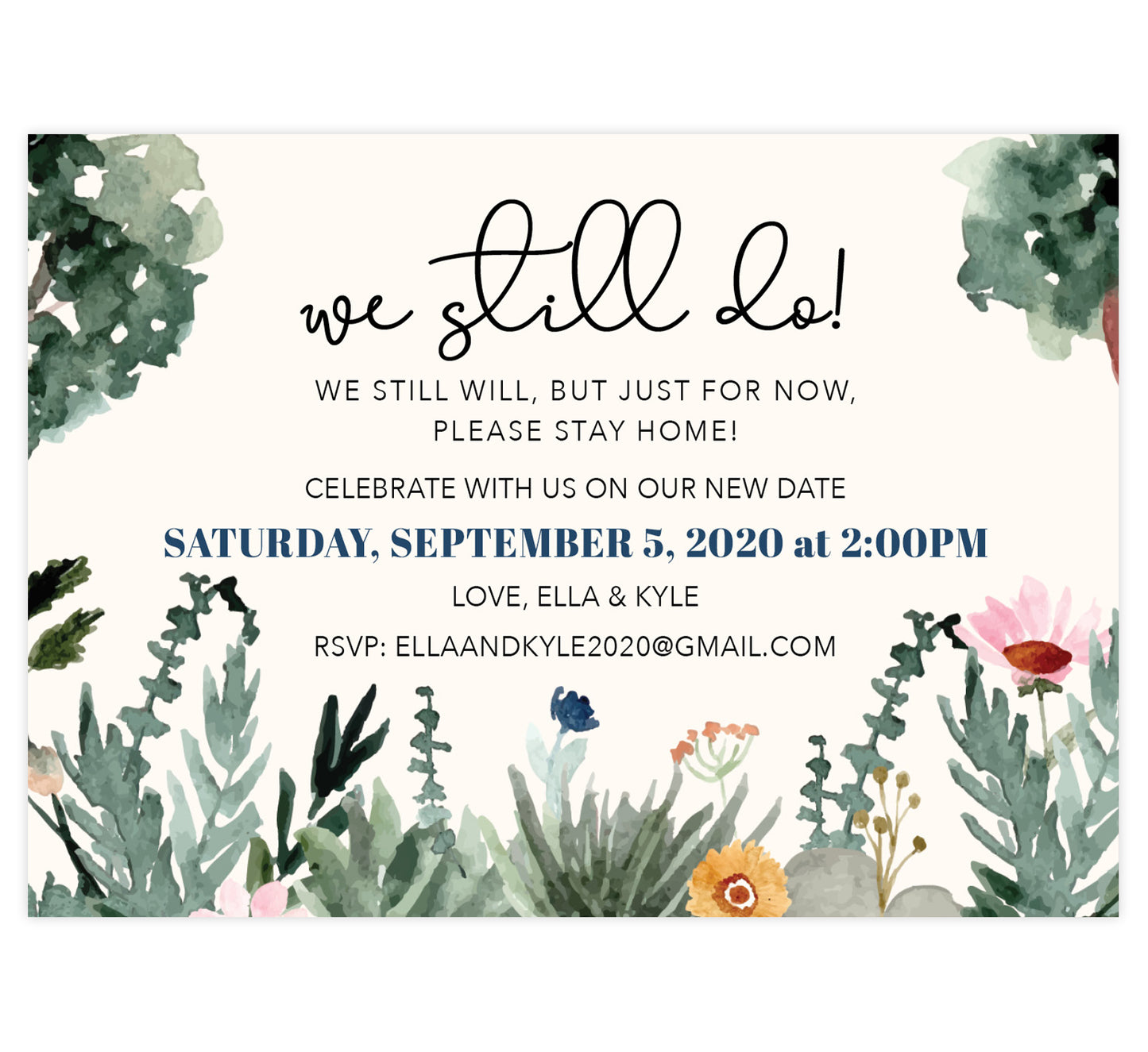 Backyard Love wedding postponed card; watercolor outdoor scene with black text