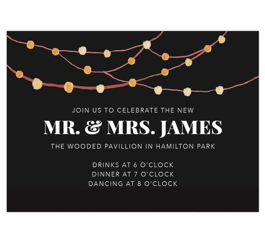 Backyard Love wedding reception card; black background with watercolor string lights at the top and white text