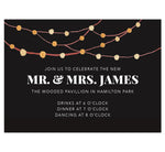 Load image into Gallery viewer, Backyard Love wedding reception card; black background with watercolor string lights at the top and white text
