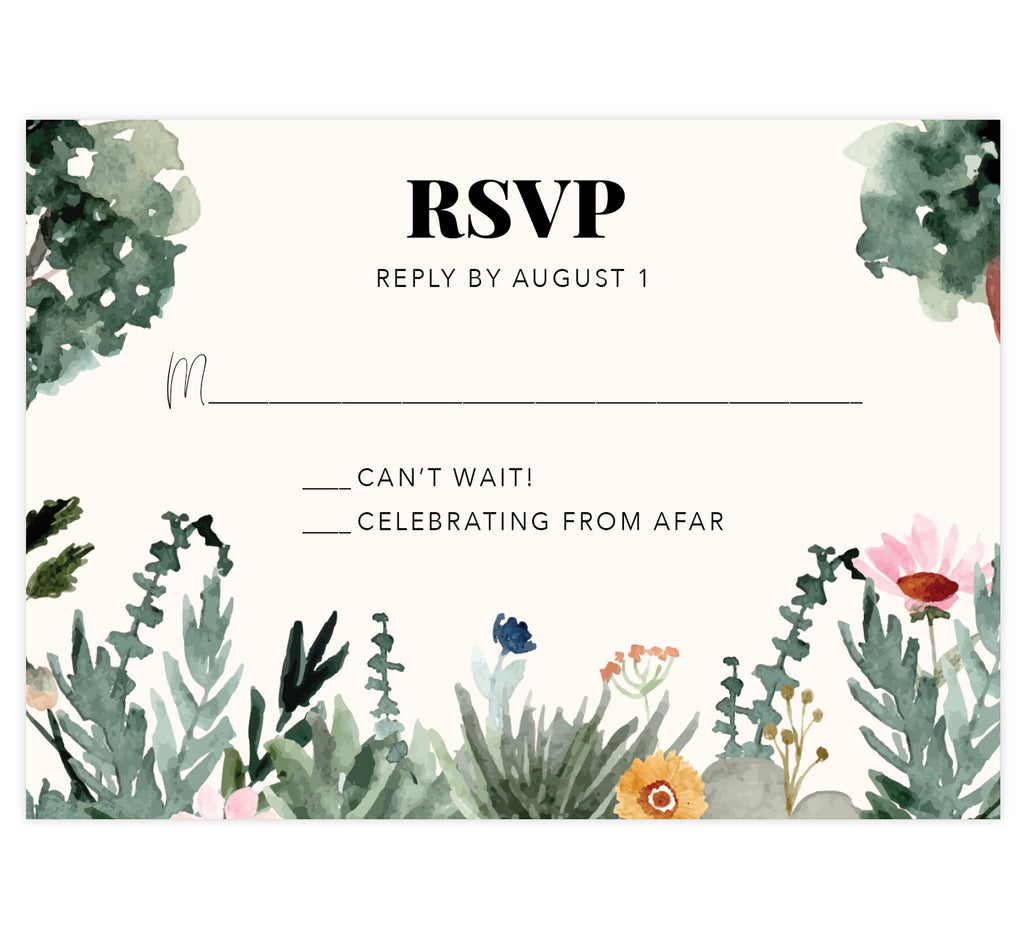 Backyard Love wedding response card; watercolor greenery and trees on the bottom and side edges with black text
