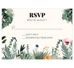 Load image into Gallery viewer, Backyard Love wedding response card; watercolor greenery and trees on the bottom and side edges with black text
