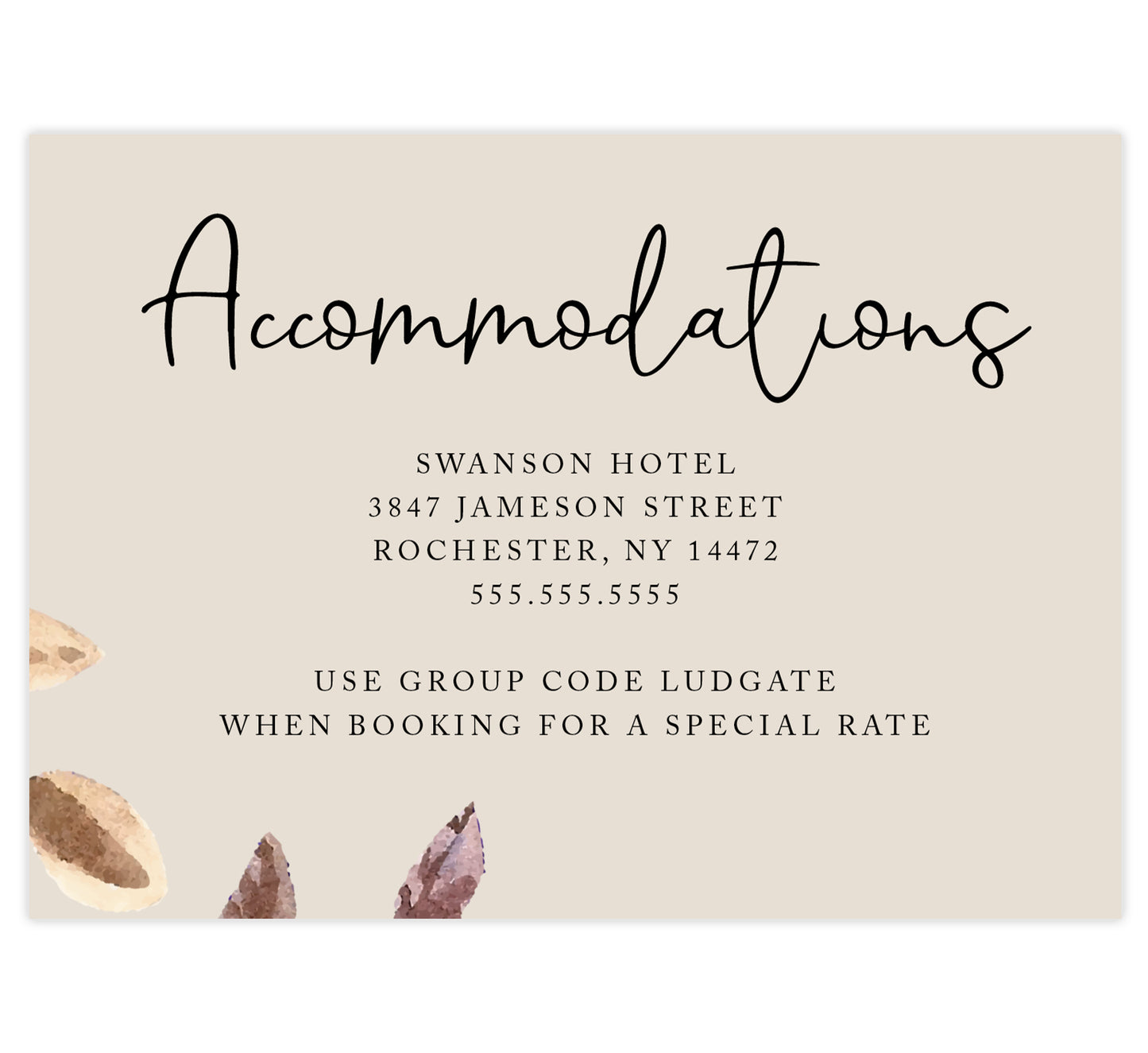Golden Leaves wedding accommodation/detail card; cream background with watercolor leaves in bottom left corner and black text