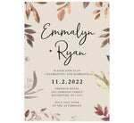 Load image into Gallery viewer, Golden Leaves wedding invitation; cream background with neutral colored watercolor leaves coming in from the edges and black text
