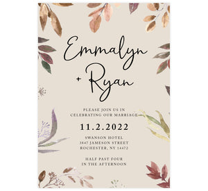 Golden Leaves wedding invitation; cream background with neutral colored watercolor leaves coming in from the edges and black text