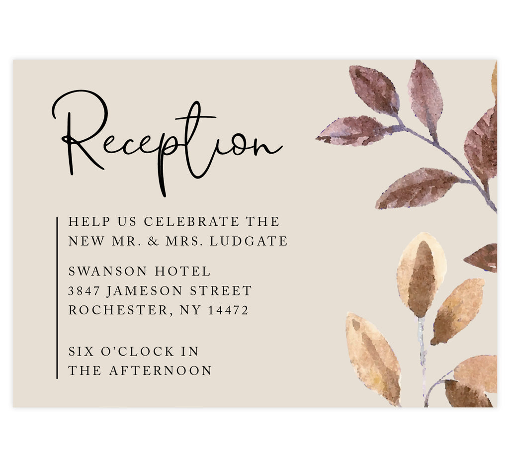 Golden Leaves wedding reception card; cream background with black text and watercolor leaves on right edge