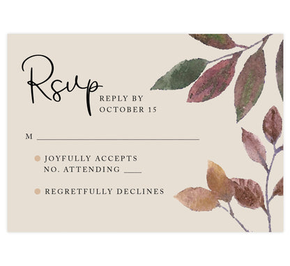 Golden Leaves wedding response card; cream background with black text and watercolor leaves on right edge