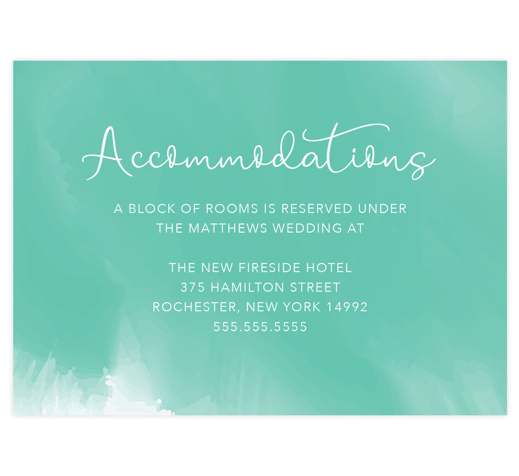 Tropic Teal wedding accommodations/details card; Bright teal watercolor background and white text