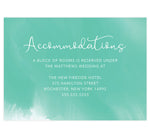 Load image into Gallery viewer, Tropic Teal wedding accommodations/details card; Bright teal watercolor background and white text
