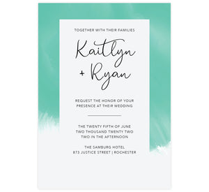 Tropic Teal wedding invitation; Thick teal frame around the invite that fades to white at the bottom with black text