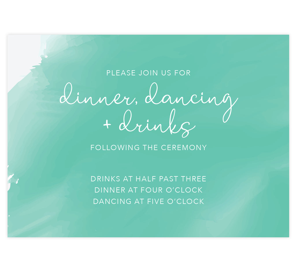 Tropic Teal wedding reception card; Bright teal watercolor background and white text