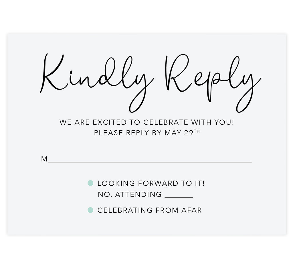 Tropic Teal Wedding Response Card; light blue gray background with black text
