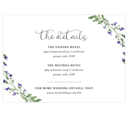 Lavender Wreath wedding accommodations/details card; white background with black text and watercolor lavender in the corners