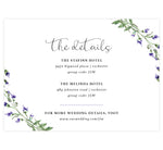Load image into Gallery viewer, Lavender Wreath wedding accommodations/details card; white background with black text and watercolor lavender in the corners

