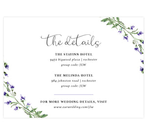 Lavender Wreath wedding accommodations/details card; white background with black text and watercolor lavender in the corners