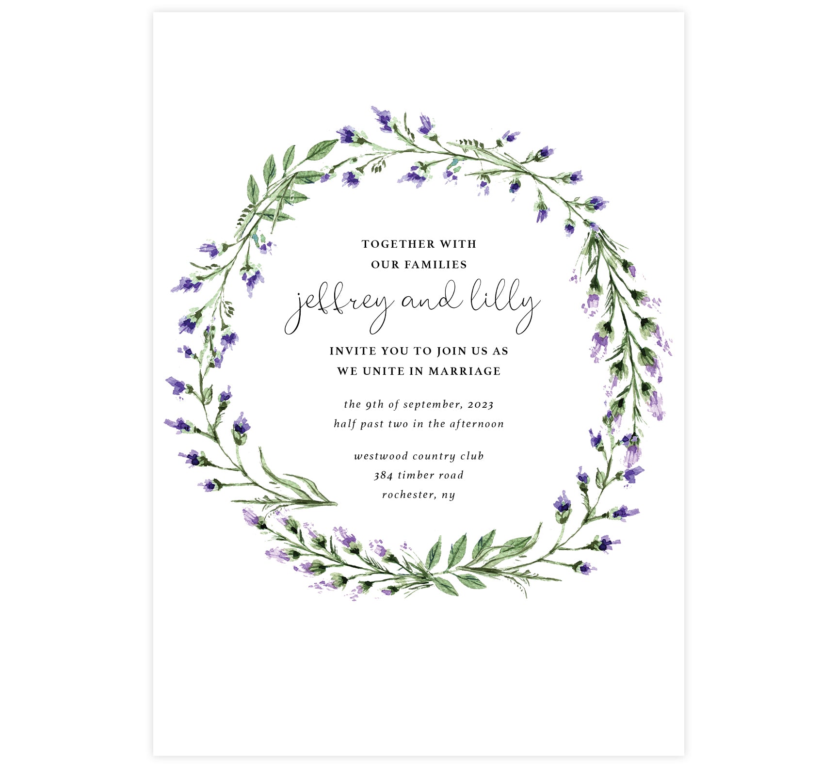 Lavender Wreath wedding invitation; white background with watercolor lavender leaves wreath surrounding the text