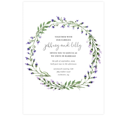 Lavender Wreath wedding invitation; white background with watercolor lavender leaves wreath surrounding the text