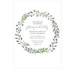 Load image into Gallery viewer, Lavender Wreath wedding invitation; white background with watercolor lavender leaves wreath surrounding the text

