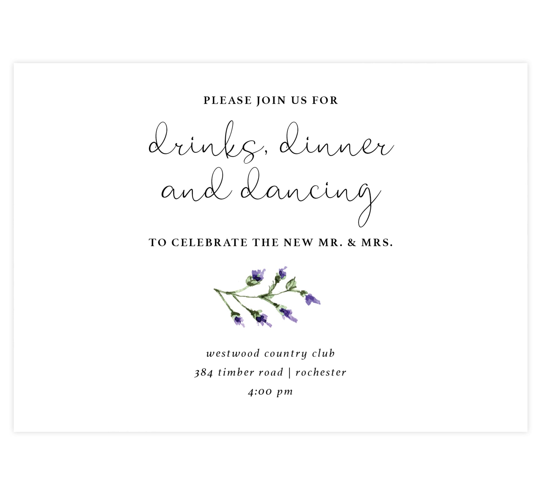 Lavender Wreath wedding reception card; white background with black text and lavender at the bottom
