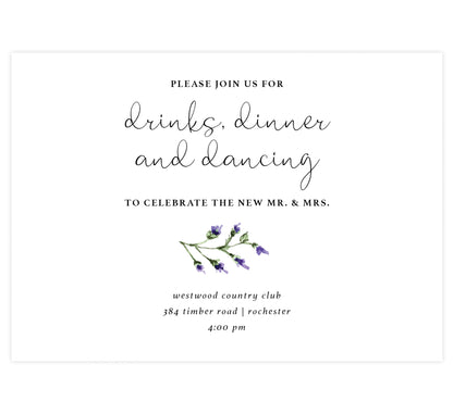Lavender Wreath wedding reception card; white background with black text and lavender at the bottom