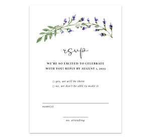 Lavender Wreath response card; white background with black text and lavender at the top