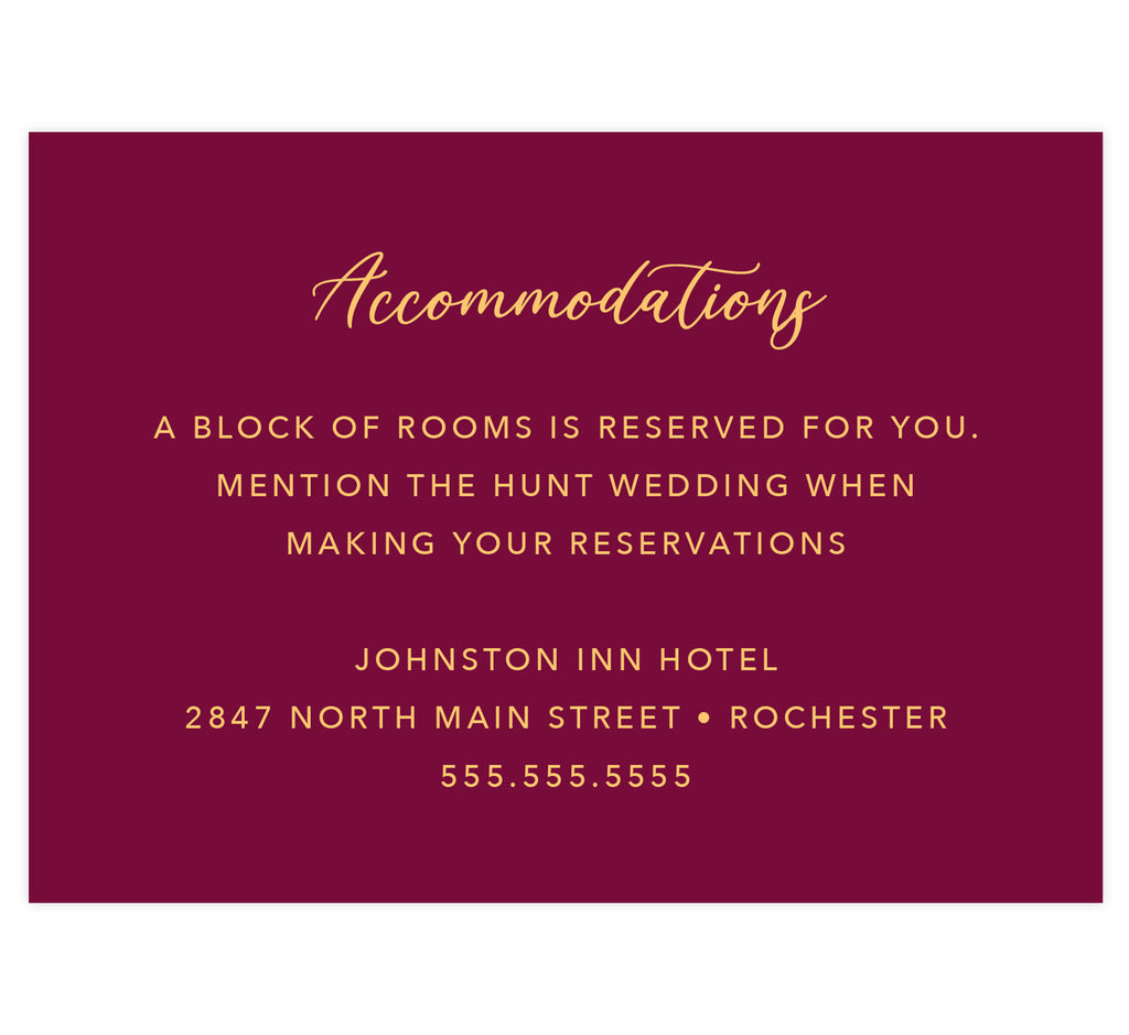 Dramatic Love wedding detail/accommodations card; dark red background with gold text