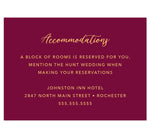 Load image into Gallery viewer, Dramatic Love wedding detail/accommodations card; dark red background with gold text
