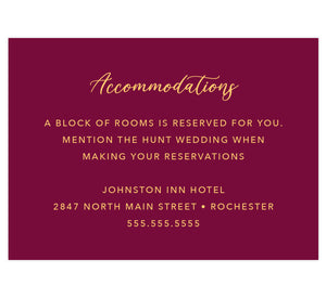 Dramatic Love wedding detail/accommodations card; dark red background with gold text