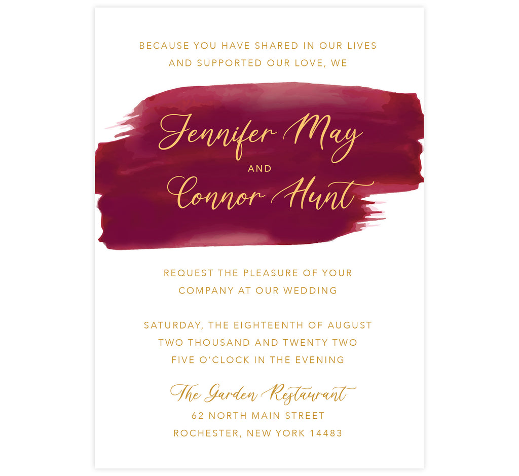 Dramatic Love wedding invitation; white background with red watercolor splash under the names and gold text