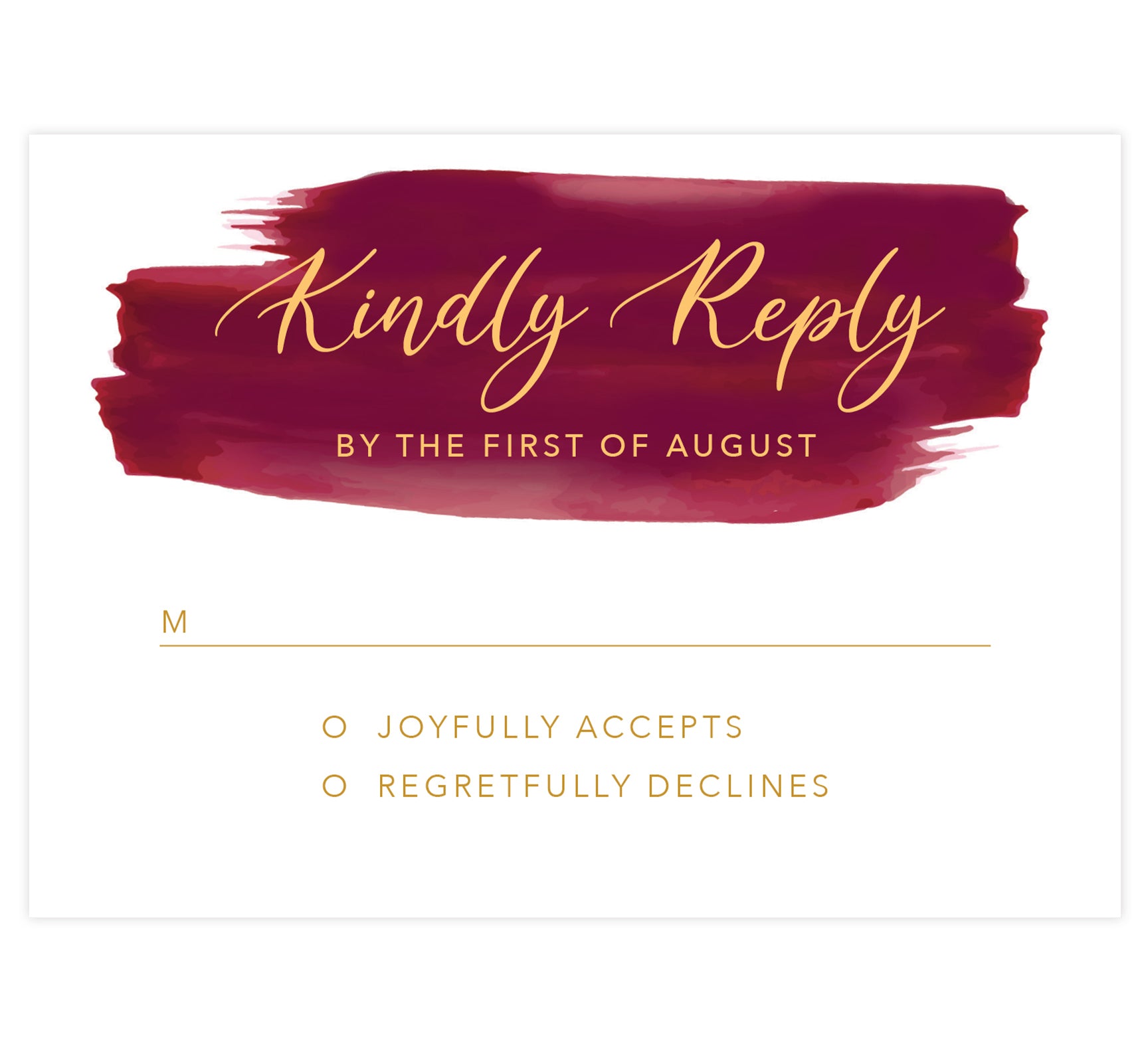 Dramatic Love Wedding response card; white background with red watercolor swoosh at the top with gold text.