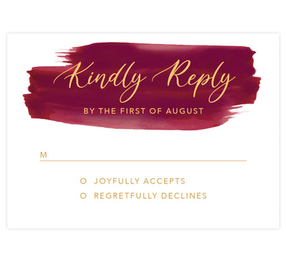 Dramatic Love Wedding response card; white background with red watercolor swoosh at the top with gold text.