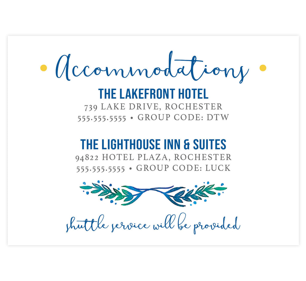 Seneca Lake wedding accommodations/details card; white background with blue text and watercolor leaves graphic.