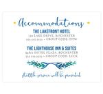 Load image into Gallery viewer, Seneca Lake wedding accommodations/details card; white background with blue text and watercolor leaves graphic.
