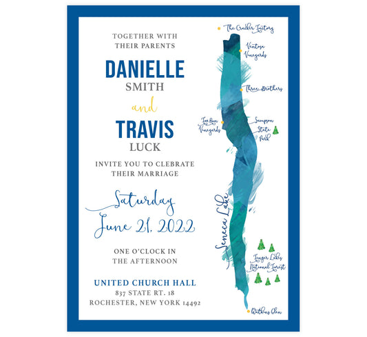 Seneca Lake wedding invitation; with custom designed Seneca Lake graphic on the right, thick blue border and pops of yellow