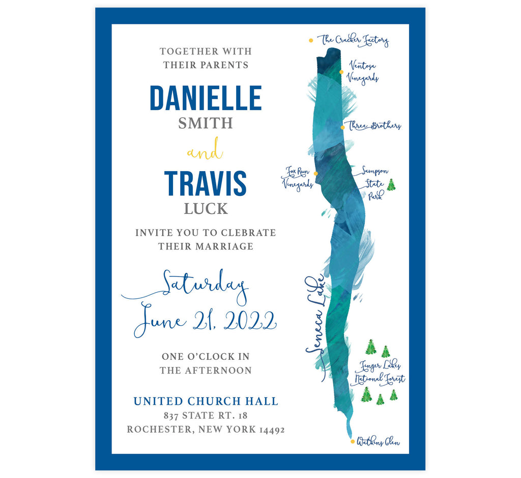 Seneca Lake wedding invitation; with custom designed Seneca Lake graphic on the right, thick blue border and pops of yellow