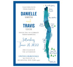 Load image into Gallery viewer, Seneca Lake wedding invitation; with custom designed Seneca Lake graphic on the right, thick blue border and pops of yellow

