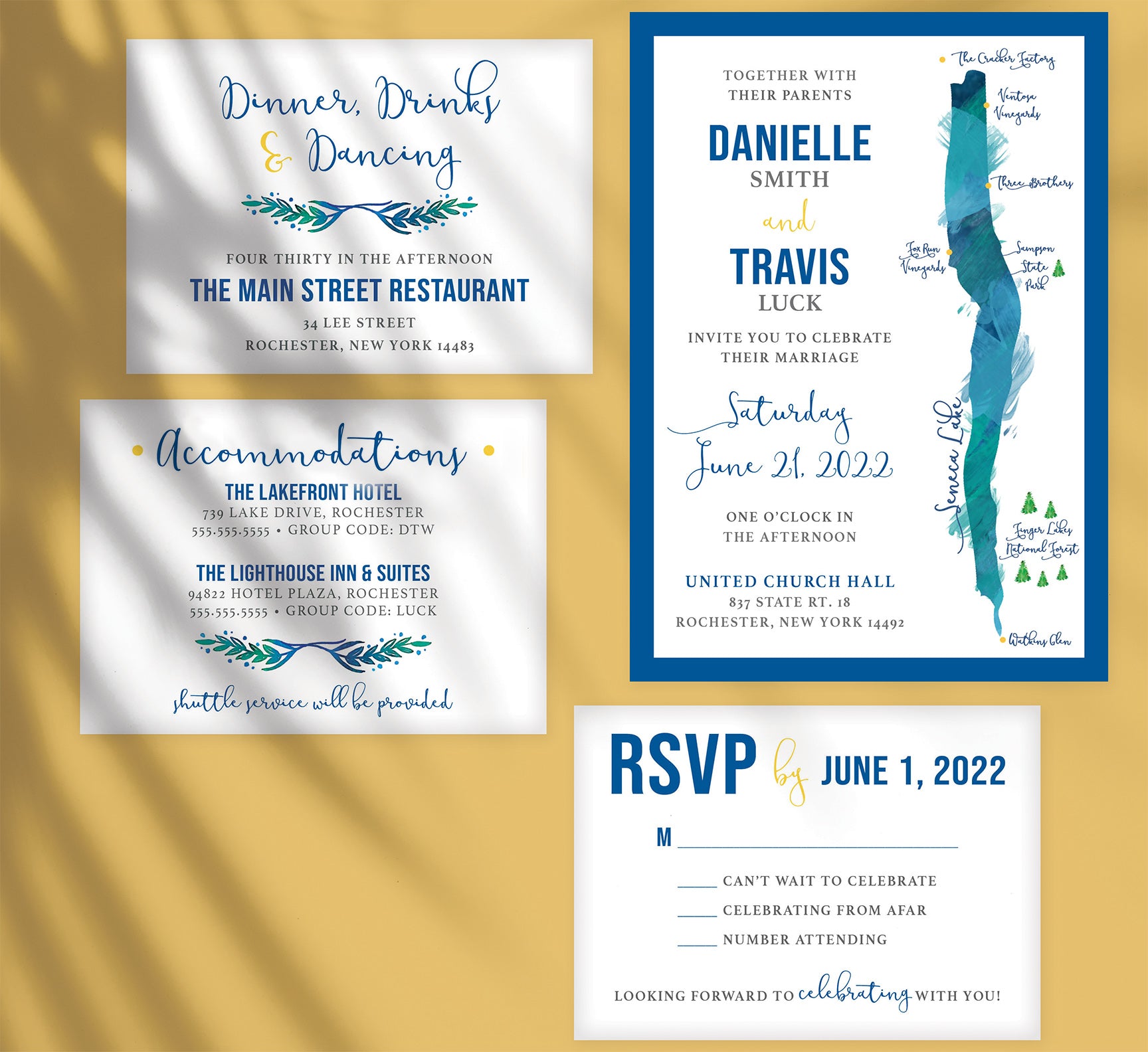 Seneca Lake wedding invitation and set