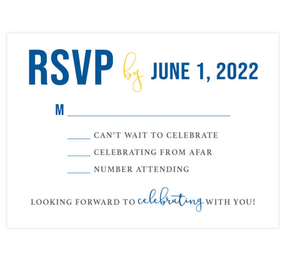 Seneca Lake wedding response card; white background with text in blue, yellow and gray