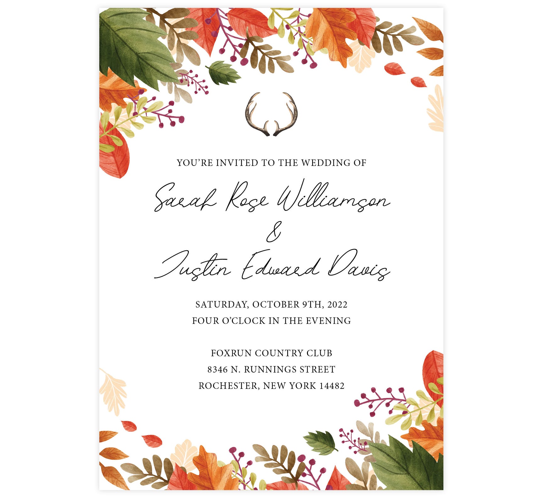 Rustic Fall wedding invitation; white background with black text. Fall leaves frame around the invite with deer antlers above the text.