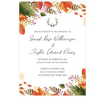 Load image into Gallery viewer, Rustic Fall wedding invitation; white background with black text. Fall leaves frame around the invite with deer antlers above the text.
