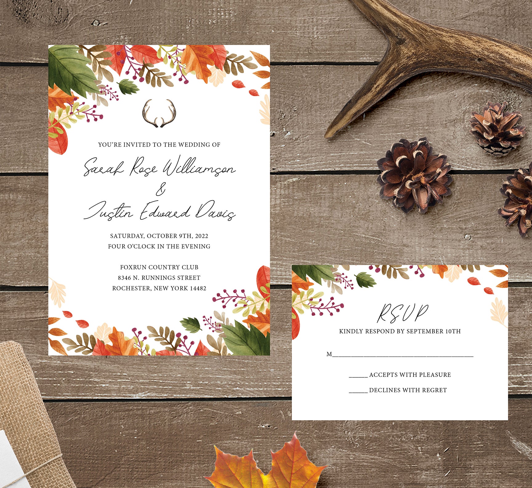 Rustic Fall wedding invitation and set